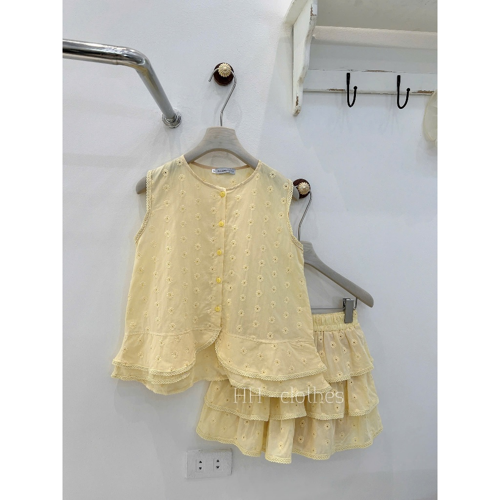 SET ÁO BABYDOLL THÊU HOA PHỐI CHÂN VÁY TẦNG MÀU VÀNG BƠ NGỌT NGÀO | STYLE TIỂU THƯ HÀN QUỐC | BY CHAMIE STORE