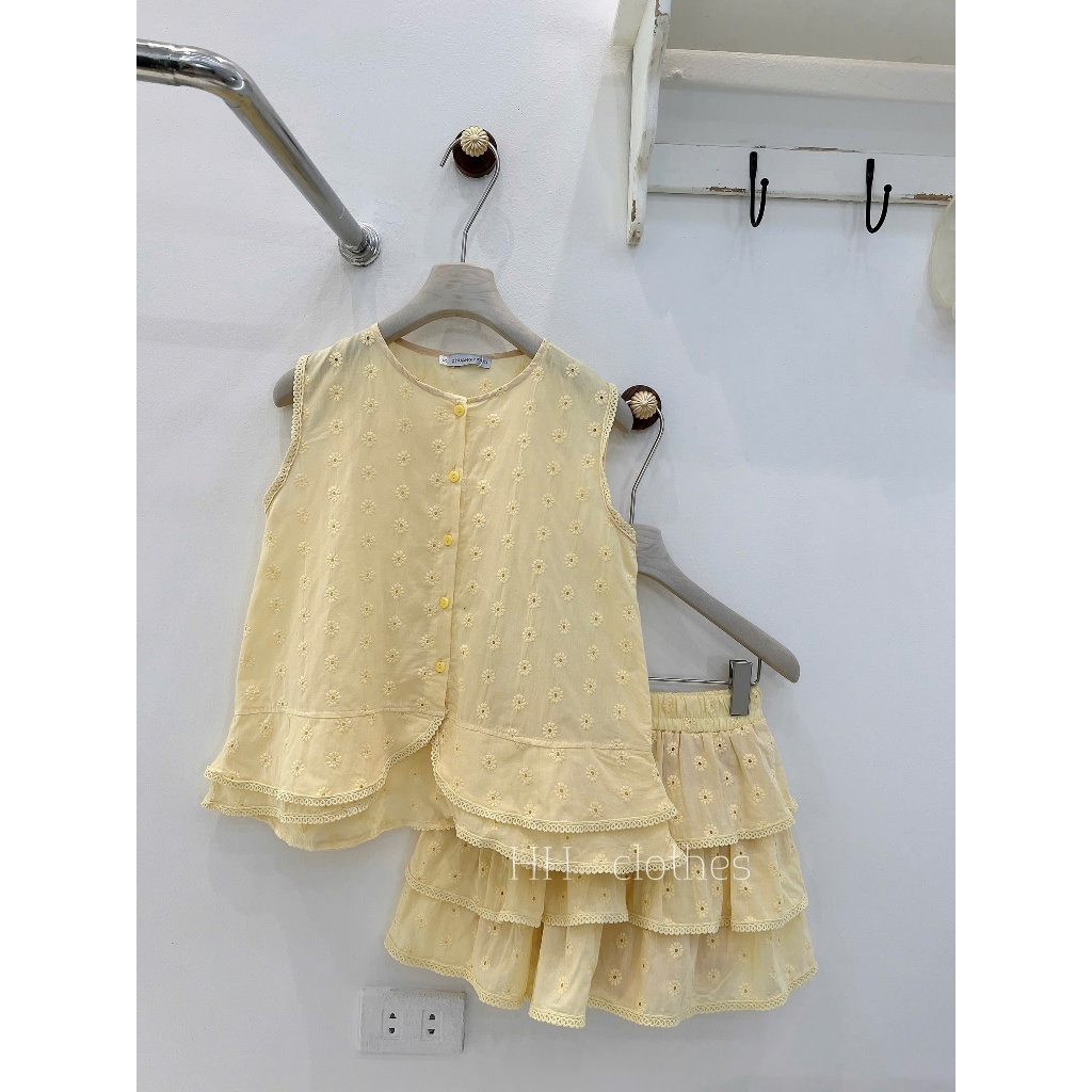 SET ÁO BABYDOLL THÊU HOA PHỐI CHÂN VÁY TẦNG MÀU VÀNG BƠ NGỌT NGÀO | STYLE TIỂU THƯ HÀN QUỐC | BY CHAMIE STORE
