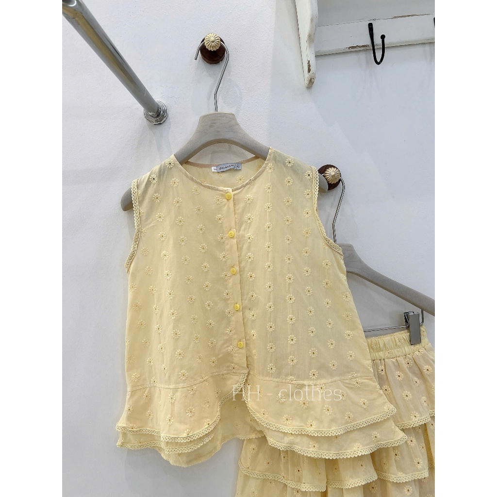 SET ÁO BABYDOLL THÊU HOA PHỐI CHÂN VÁY TẦNG MÀU VÀNG BƠ NGỌT NGÀO | STYLE TIỂU THƯ HÀN QUỐC | BY CHAMIE STORE