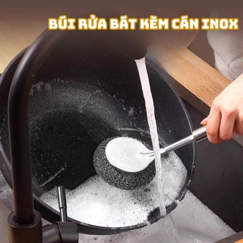Cọ Chà Nồi Inox ALOHOME Tay Cầm Dài, Dụng Cụ Rửa Chén Thay Thế Miếng Cọ Tiện Dụng