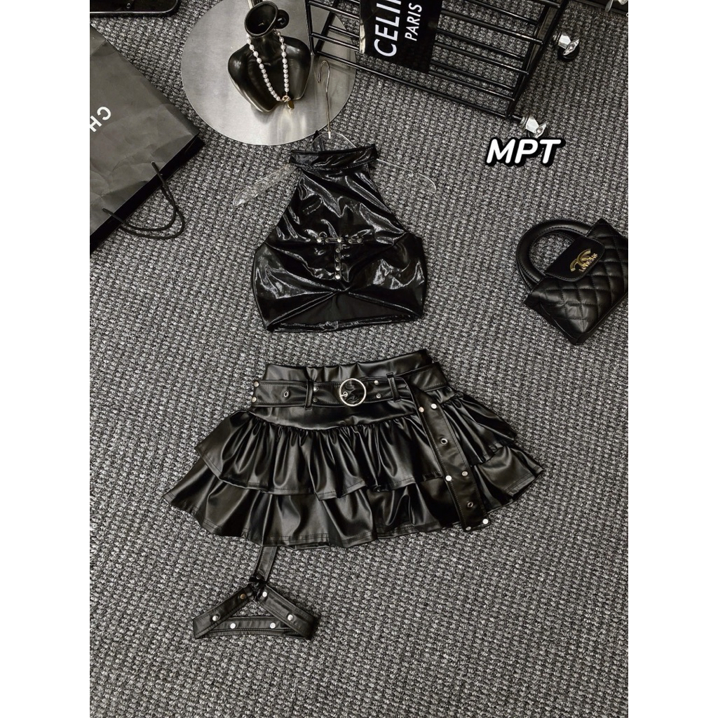 🔱 Set áo da dãn mỏng T mix chân váy da 2 tầng kèm đai siu xịn