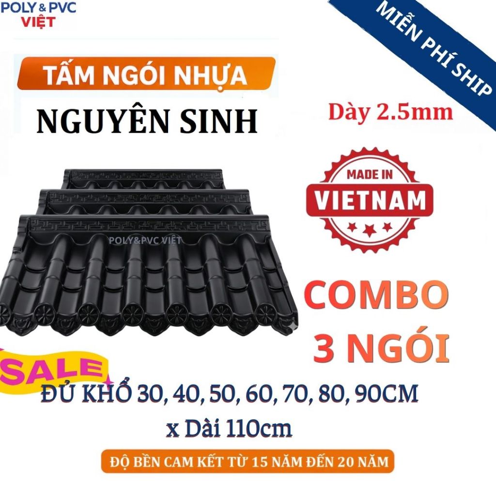 Combo 3 ngói [Đen ánh xám đủ khổ/size x 110cm] nhựa âm dương Nhật chịu nhiệt cao, dày 2.5mm