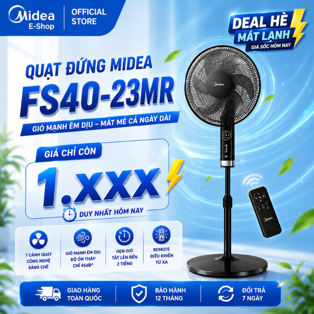 Quạt Đứng Midea FS40-23MT/FS40-23MR - 50W | Quạt Cây 7 Cánh Có Remote, Gió Mạnh Êm, Chính Hãng