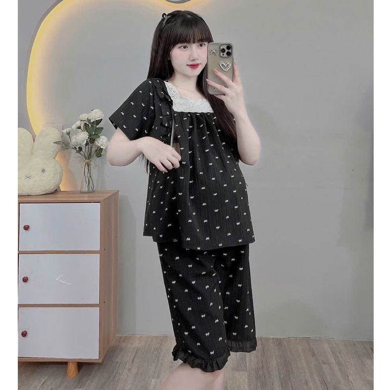 Bộ bầu - bộ sau sinh - BỘ LỬNG  CỘC GÂN HÌNH CỔ VUÔNG REN - 5 Màu, Áo Có Khoá Kéo, Quần Có Chun Chỉnh