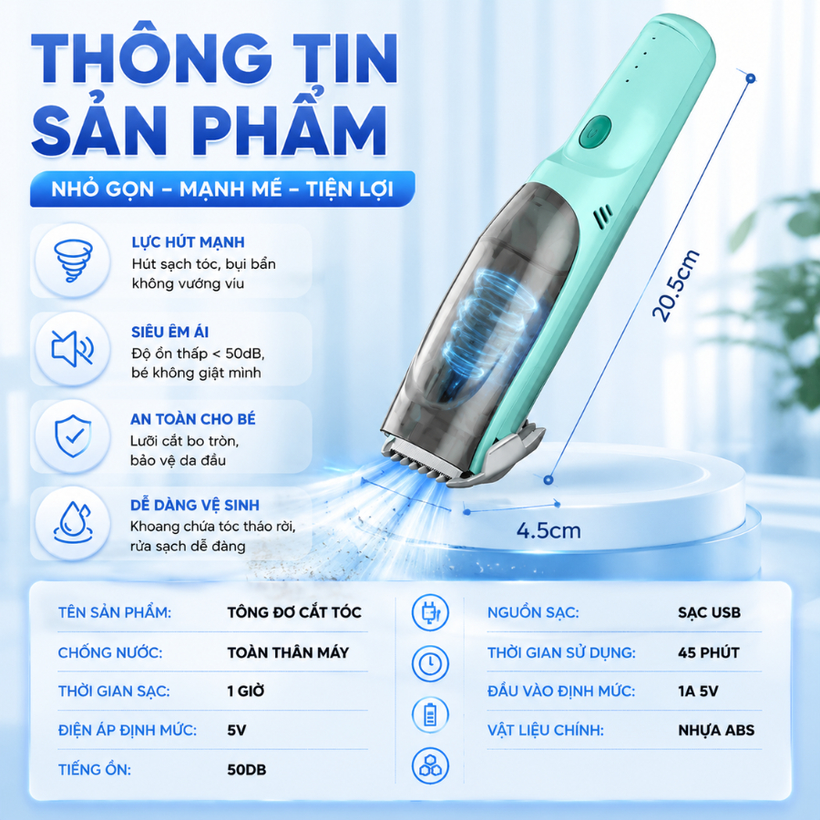 Tông Đơ Cắt Tóc, Máy Hớt Tóc Cho Bé Tự Động Hút Tóc Rơi Hoạt Động Êm Ái An Toàn Kèm 9 Phụ Kiện