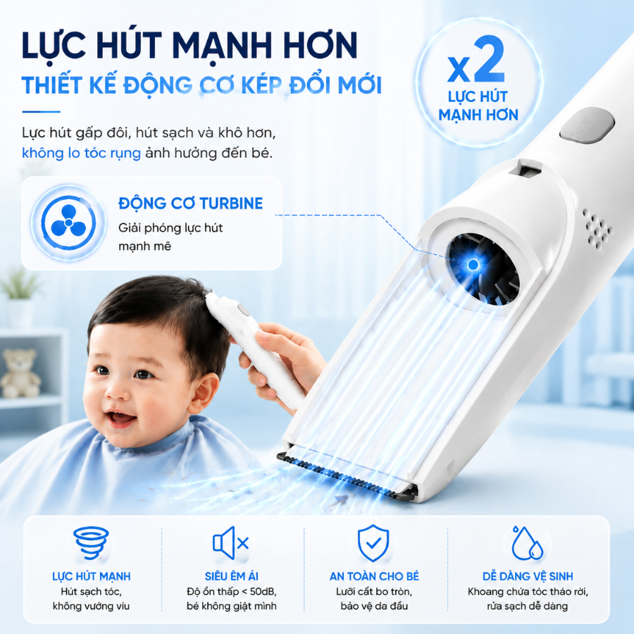 Tông Đơ Cắt Tóc, Máy Hớt Tóc Cho Bé Tự Động Hút Tóc Rơi Hoạt Động Êm Ái An Toàn Kèm 9 Phụ Kiện