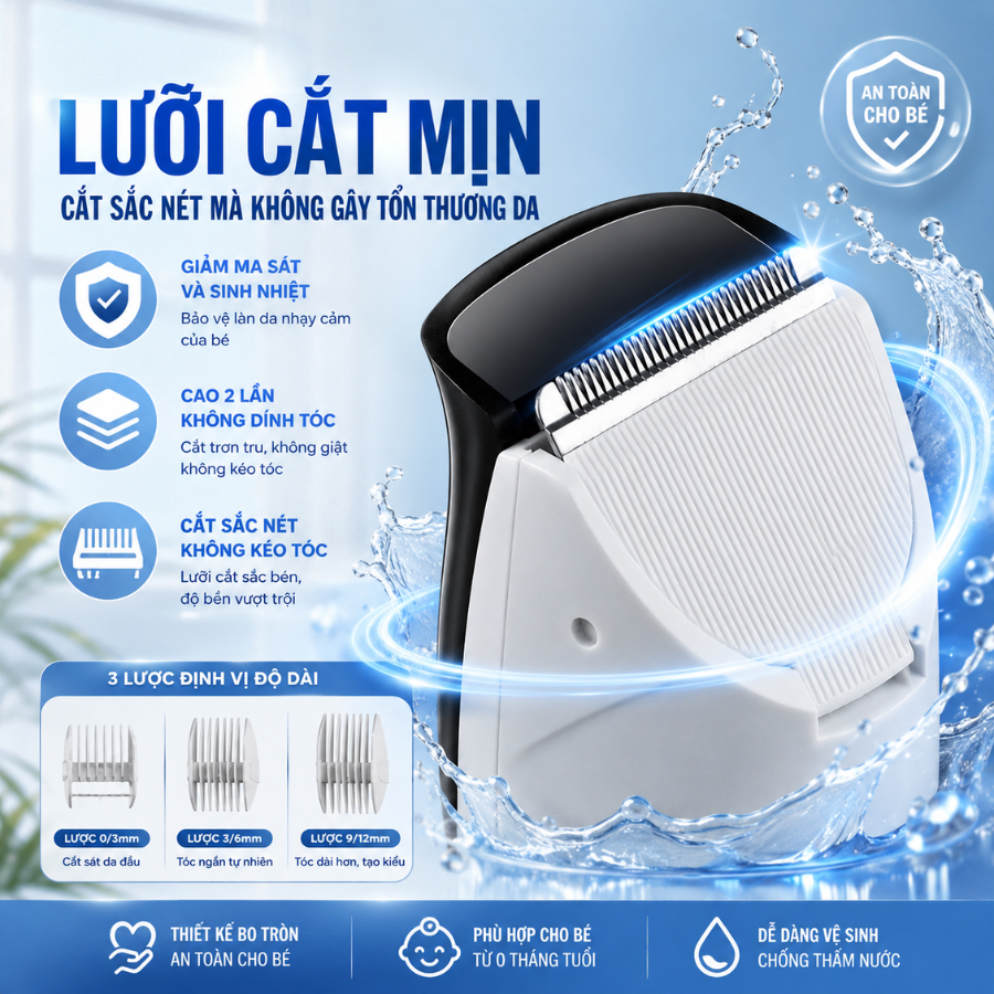 Tông Đơ Cắt Tóc, Máy Hớt Tóc Cho Bé Tự Động Hút Tóc Rơi Hoạt Động Êm Ái An Toàn Kèm 9 Phụ Kiện