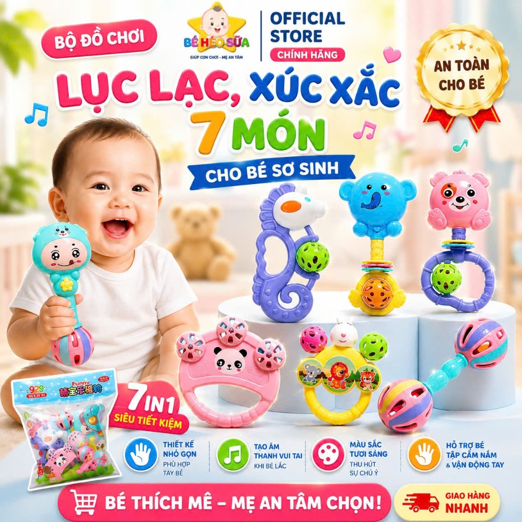 Xúc xắc cho bé sơ sinh 7 món có nhạc vui nhộn làm từ nhựa ABS an toàn cho bé Combo xúc xắc cho bé