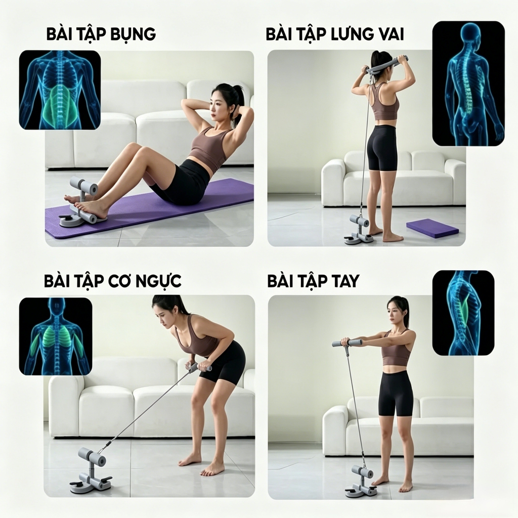 Dụng Cụ Tập Cơ Bụng Đồ dùng thể thao tại nhà đa năng có đế hút chân, kèm dây kéo lực, gập bụng giảm eo béo nam nữ
