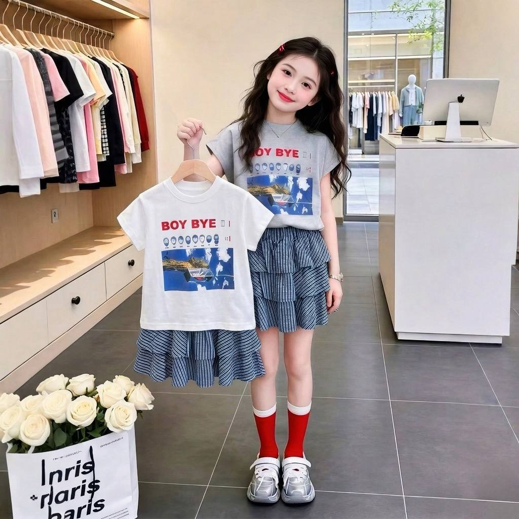 Áo cotton Boy bye, Chân váy xếp tầng caro nhỏ, Chân váy xếp tầng caro to cho bé gái BEESHOP H26071A + H26071V + H26072