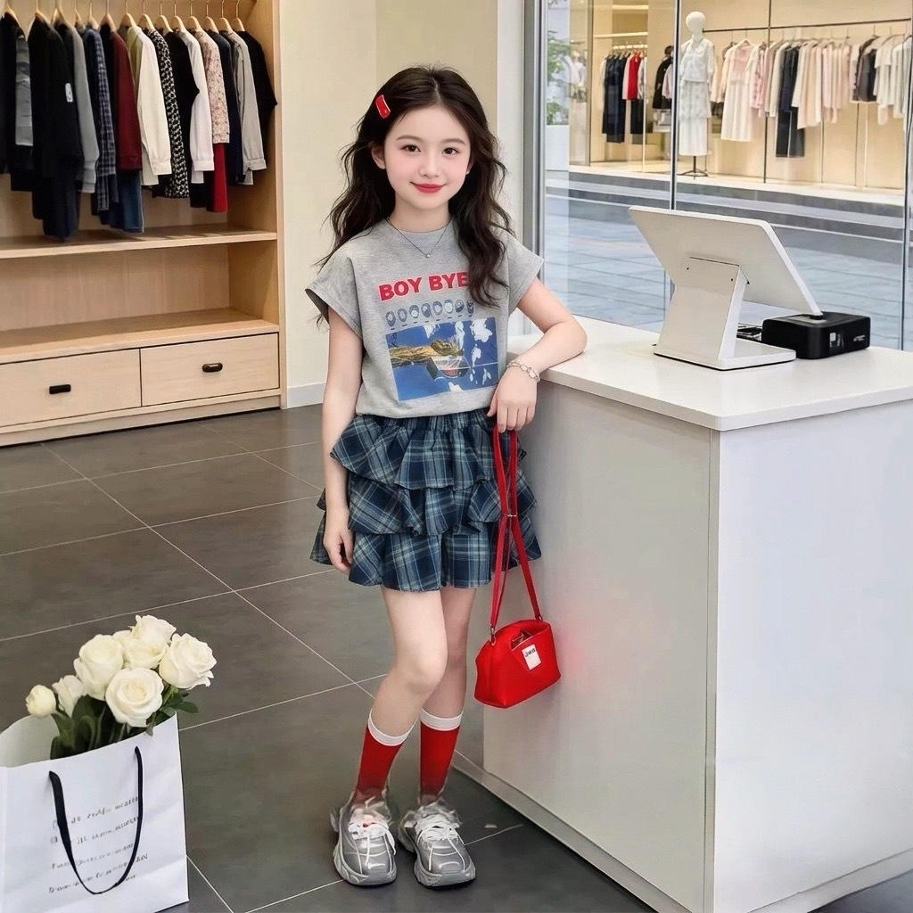 Áo cotton Boy bye, Chân váy xếp tầng caro nhỏ, Chân váy xếp tầng caro to cho bé gái BEESHOP H26071A + H26071V + H26072