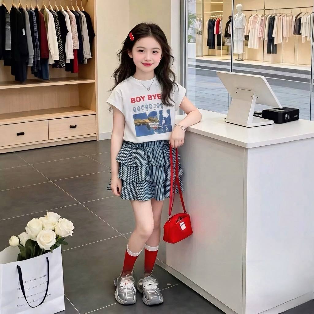 Áo cotton Boy bye, Chân váy xếp tầng caro nhỏ, Chân váy xếp tầng caro to cho bé gái BEESHOP H26071A + H26071V + H26072