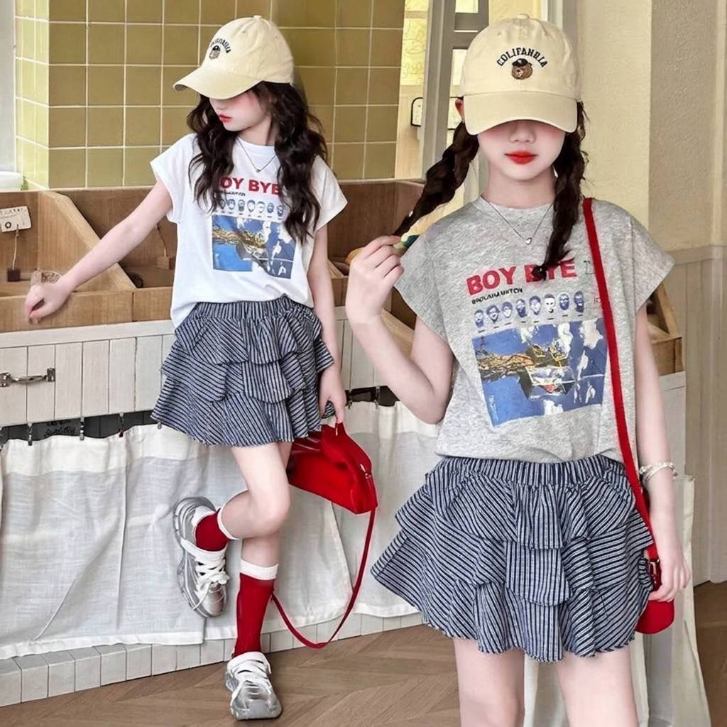 Áo cotton Boy bye, Chân váy xếp tầng caro nhỏ, Chân váy xếp tầng caro to cho bé gái BEESHOP H26071A + H26071V + H26072