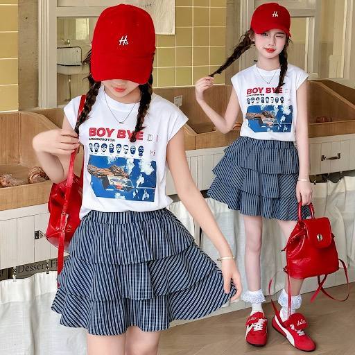 Áo cotton Boy bye, Chân váy xếp tầng caro nhỏ, Chân váy xếp tầng caro to cho bé gái BEESHOP H26071A + H26071V + H26072