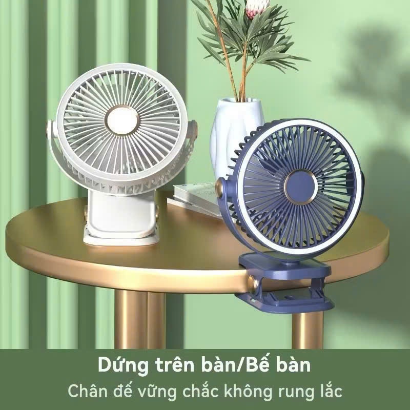 ￼( Loại 1)  Quạt tích điện kẹp bàn mini để bàn 5 mức độ kết hợp đèn ngủ, xoay 360 độ có bộ sạc quạt mini Phụ kiện
