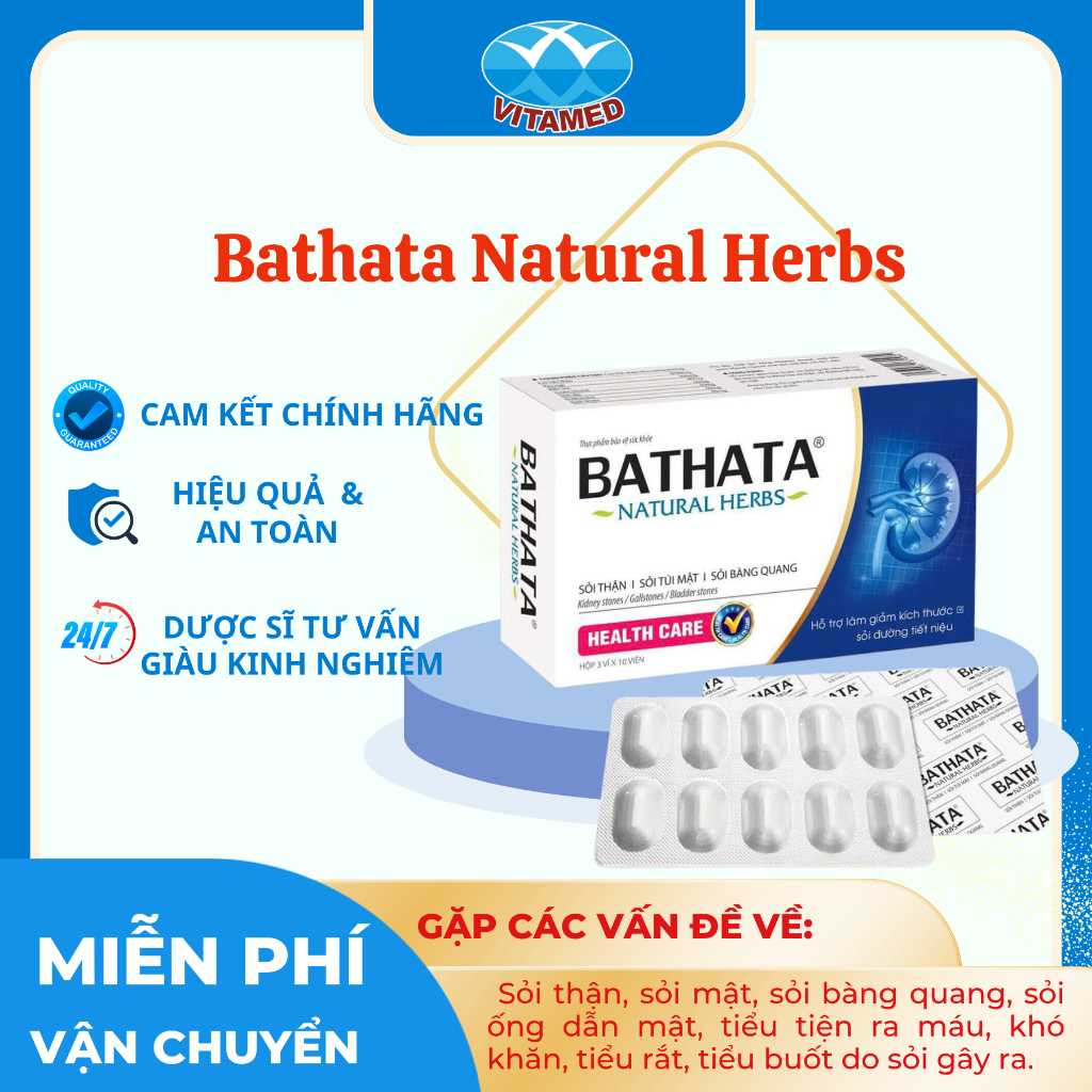 Bathata - Hỗ Trợ Giảm Kích Thước Sỏi Đường Tiết Niệu Hộp 30 Viên