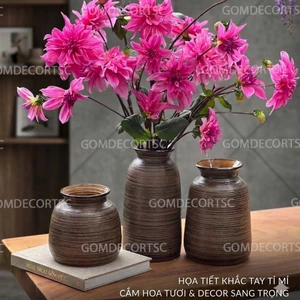 Bình Hoa Gốm Sứ Bát Tràng Khắc Tay Hoa Sen Decor Trang Trí Phòng Khách Set Lẻ Bộ 3 Bình GomdecorTSC