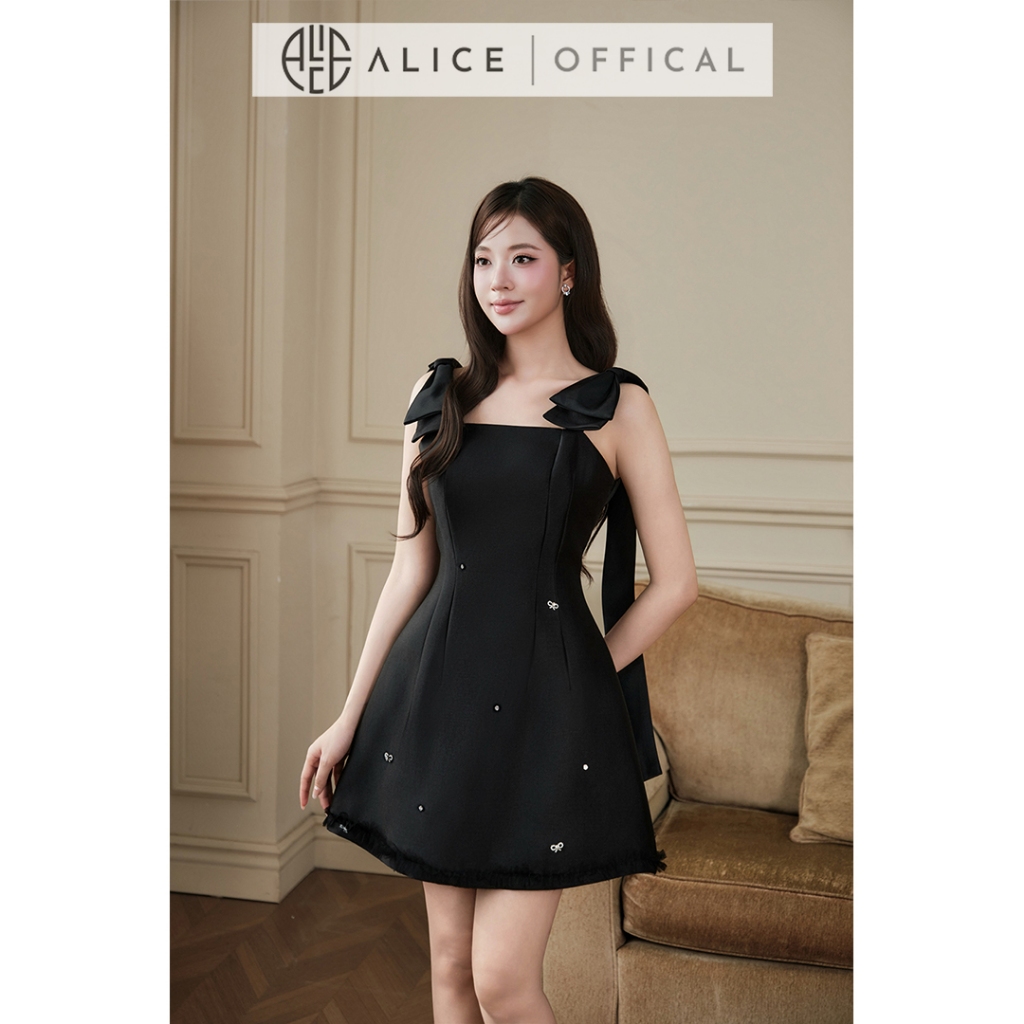 Váy Tiểu Thư Dáng Chữ A Ngắn Alice Chất Tafta Cao Cấp, Đầm 2 Dây Vai Phối Nơ Bản To, Đính Đá Thân Váy T537