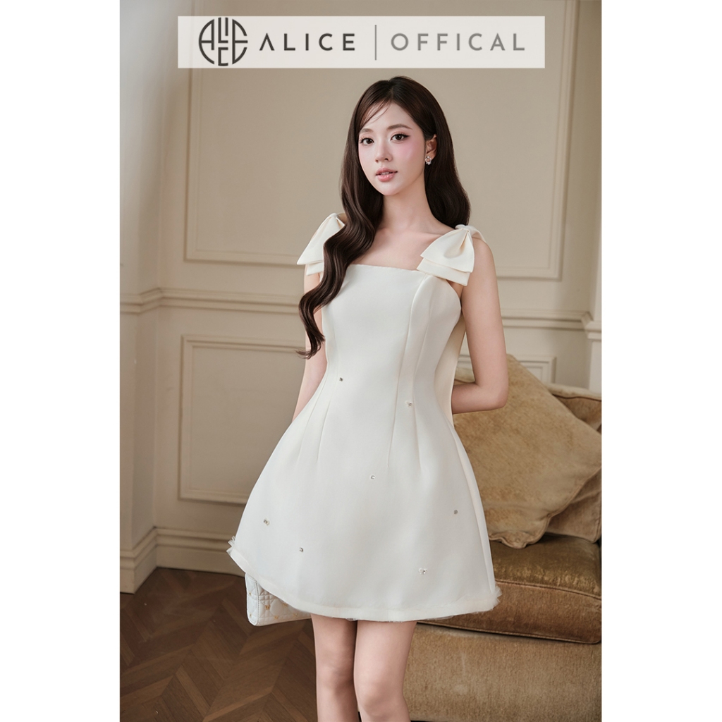 Váy Tiểu Thư Dáng Chữ A Ngắn Alice Chất Tafta Cao Cấp, Đầm 2 Dây Vai Phối Nơ Bản To, Đính Đá Thân Váy T537