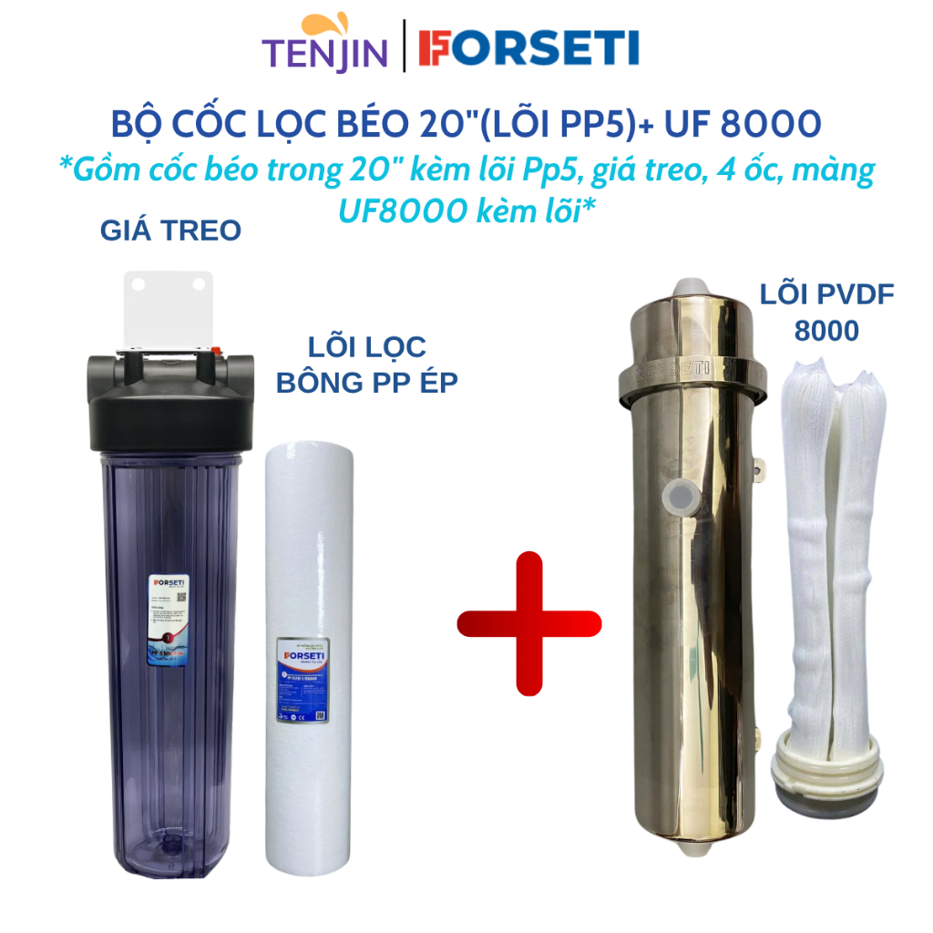 Bộ Lọc Tổng Đầu Nguồn Gồm Cốc Béo Trong 20 Inch Và Màng UF Công Suất Lớn Sử Dụng Lõi PVDF Siêu Lọc- Forseti BH 12 tháng