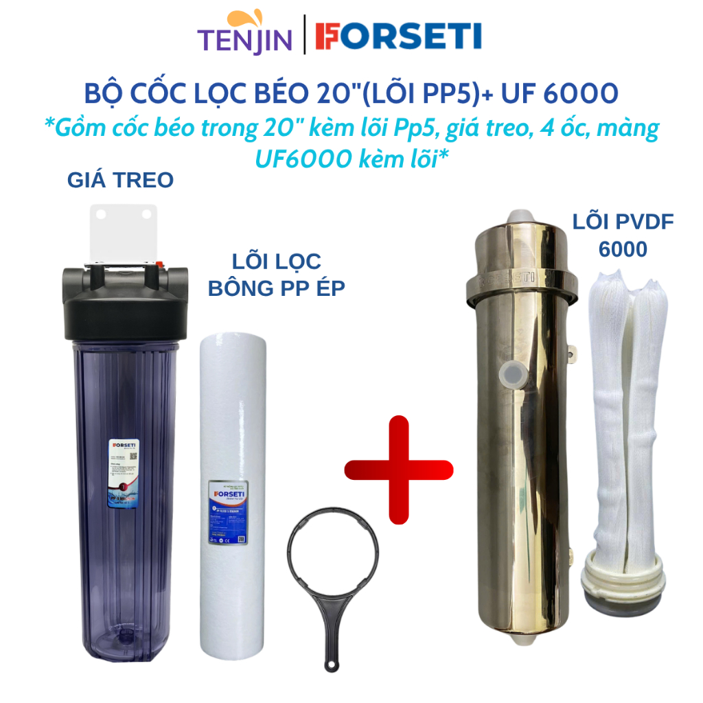 Bộ Lọc Tổng Đầu Nguồn Gồm Cốc Béo Trong 20 Inch Và Màng UF Công Suất Lớn Sử Dụng Lõi PVDF Siêu Lọc- Forseti BH 12 tháng