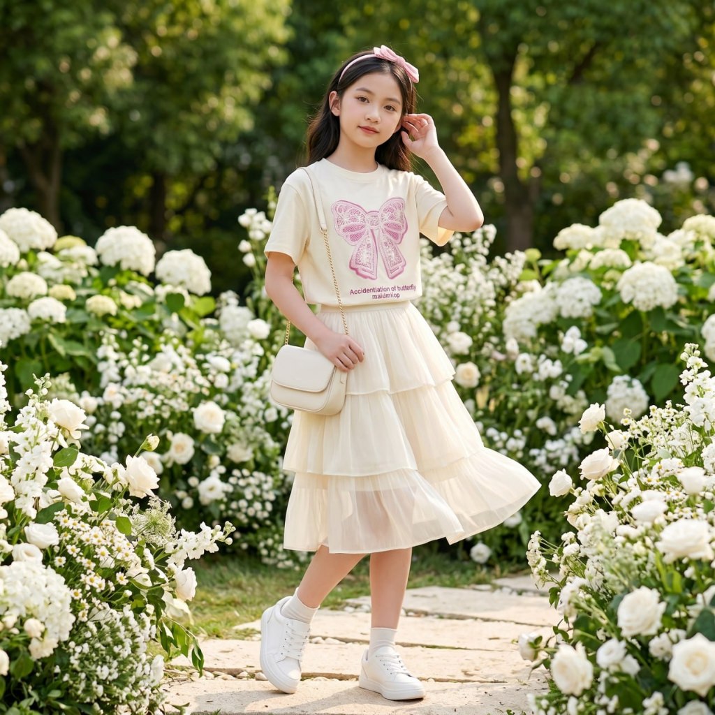 Set áo nơ hồng kèm chân váy tơ cho bé gái size đại BEESHOP H26074