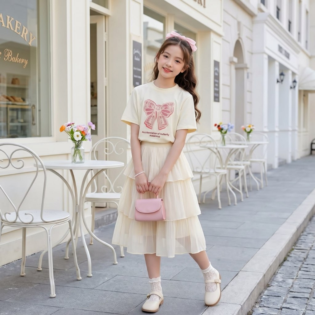 Set áo nơ hồng kèm chân váy tơ cho bé gái size đại BEESHOP H26074