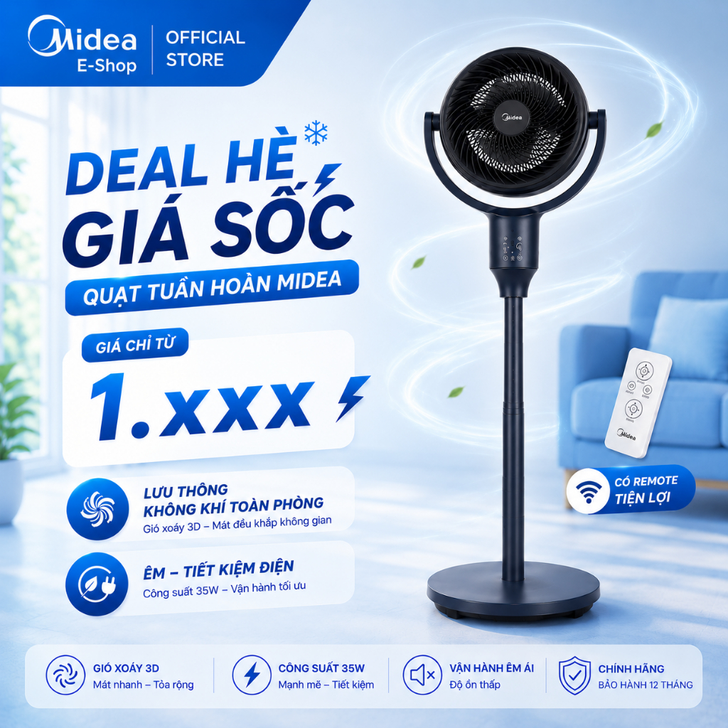 Quạt Tuần Hoàn Không Khí Midea MFS070R0APBH 35W | Quạt Đứng Có Remote, Tạo Gió Đều, Tiết Kiệm Điện