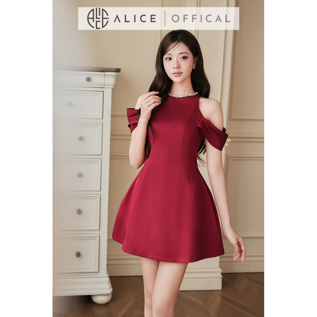 Váy Dự Tiệc Dáng Xòe Alice Chất Xước Hàn Cao Cấp, Đầm Ngắn Phối Cổ Đính Đá, Trễ Vai Sang Chảnh T538