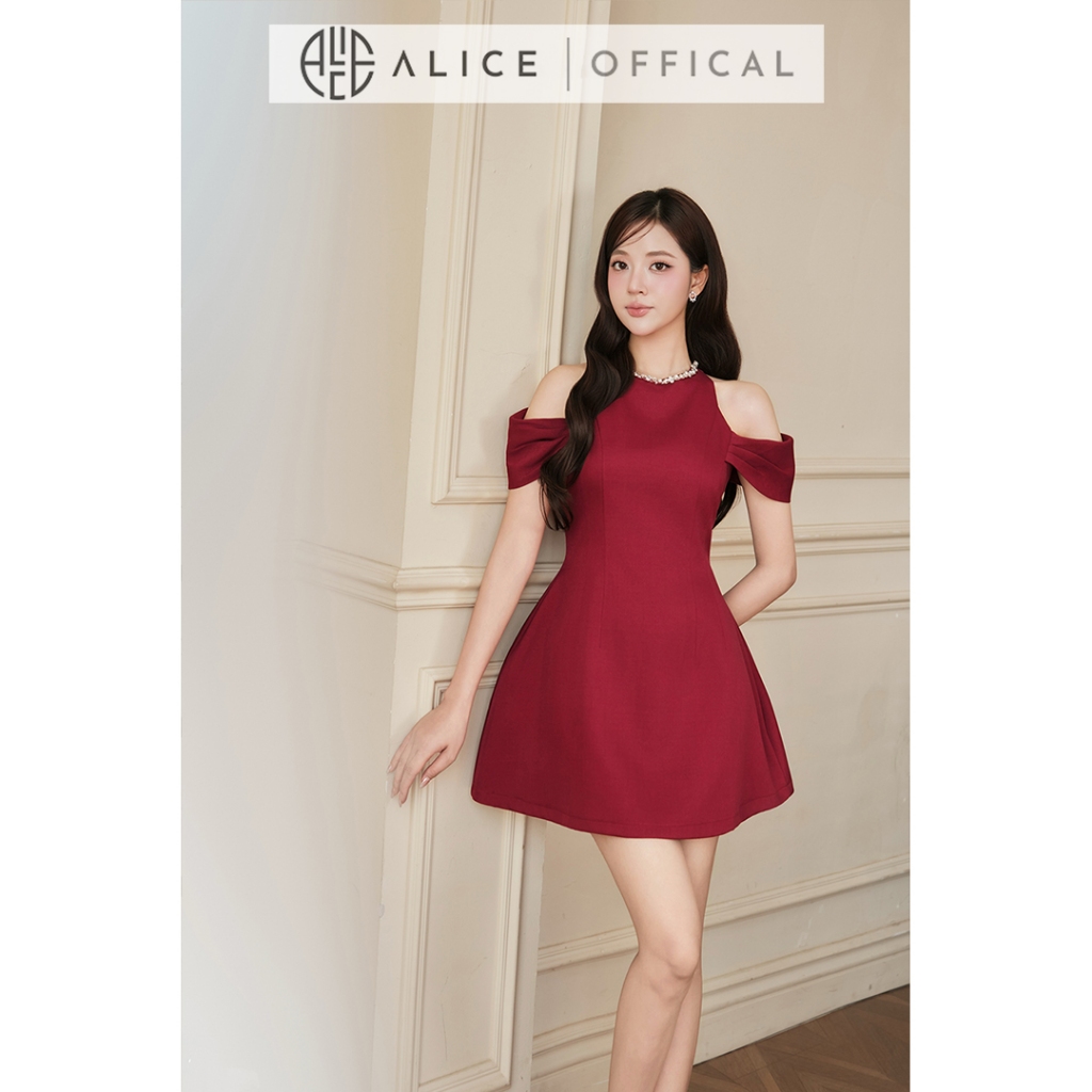 Váy Dự Tiệc Dáng Xòe Alice Chất Xước Hàn Cao Cấp, Đầm Ngắn Phối Cổ Đính Đá, Trễ Vai Sang Chảnh T538