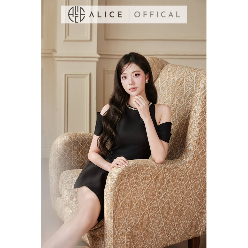 Váy Dự Tiệc Dáng Xòe Alice Chất Xước Hàn Cao Cấp, Đầm Ngắn Phối Cổ Đính Đá, Trễ Vai Sang Chảnh T538
