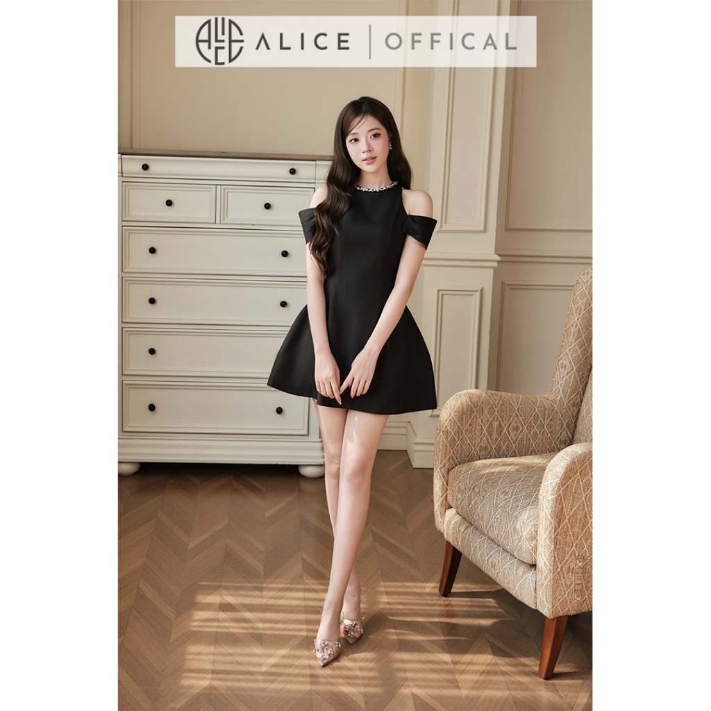 Váy Dự Tiệc Dáng Xòe Alice Chất Xước Hàn Cao Cấp, Đầm Ngắn Phối Cổ Đính Đá, Trễ Vai Sang Chảnh T538