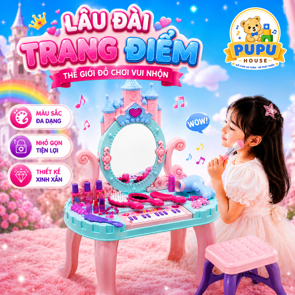 Đồ Chơi Bàn Trang Điểm Lâu Đài Kèm Đàn Piano Có Âm Thanh Và Ánh Sáng Cho Bé Đồ Chơi Trang Điểm - PUPU HOUSE