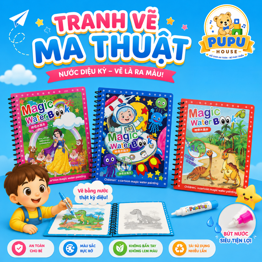Đồ Chơi Tranh Tô Màu Nước Ma Thuật Sách Tập Tô Thần Kỳ Sử Dụng Nhiều Lần Đa Dạng Chủ Đề - PUPU HOUSE