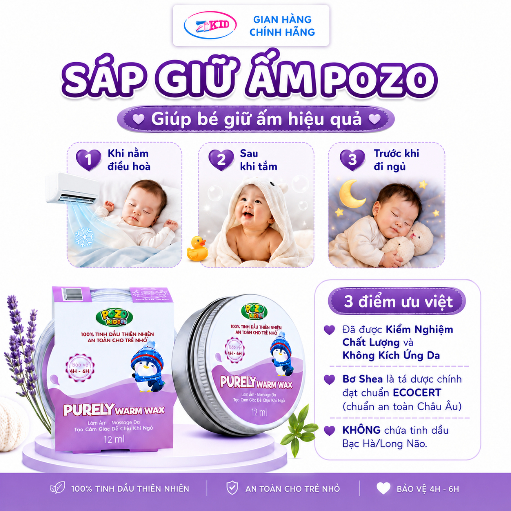 Sáp Giữ Ấm Pozo an toàn cho bé tránh cảm - giữ ấm mùa đông,bé nằm điều hoà lọ 12ml  Pozokid - Perely Warmx Wax
