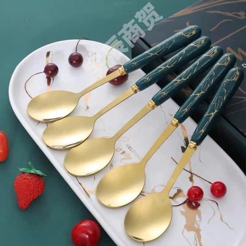 SET 6 THÌA MUỖNG VÂN ĐÁ CÁN XANH CAO CẤP CHO GIA ĐÌNH - Bộ Muỗng Ăn Cơm Mạ Vàng Kèm Hộp Đẹp