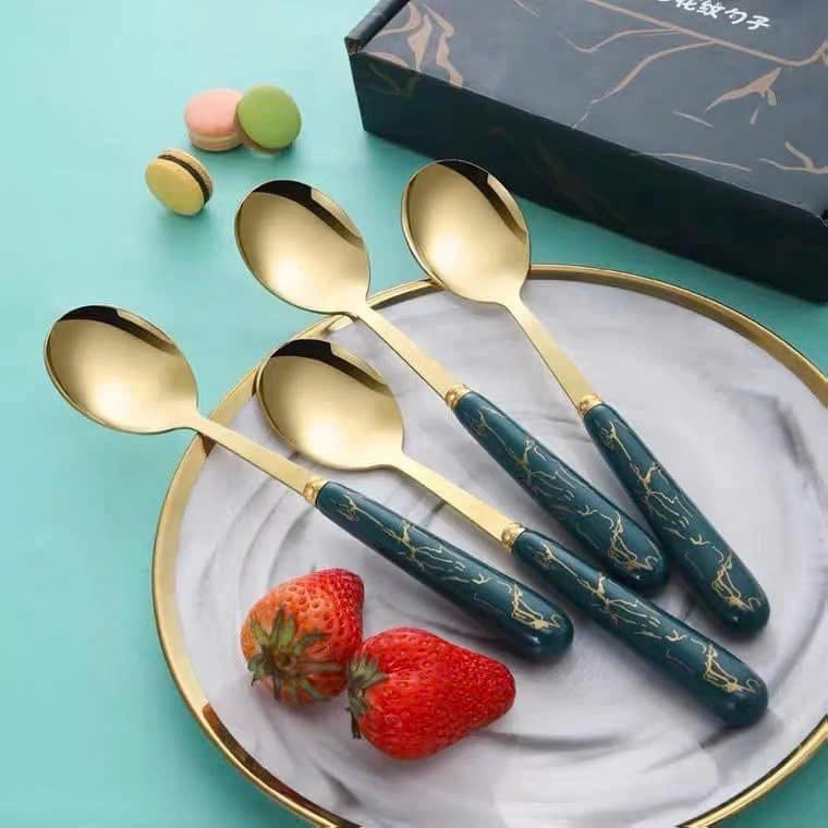 SET 6 THÌA MUỖNG VÂN ĐÁ CÁN XANH CAO CẤP CHO GIA ĐÌNH - Bộ Muỗng Ăn Cơm Mạ Vàng Kèm Hộp Đẹp