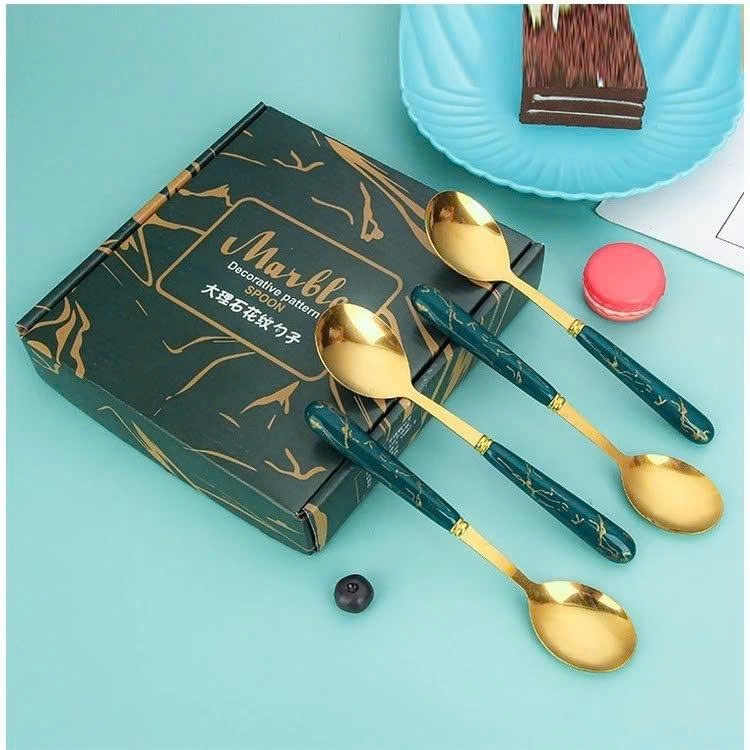 SET 6 THÌA MUỖNG VÂN ĐÁ CÁN XANH CAO CẤP CHO GIA ĐÌNH - Bộ Muỗng Ăn Cơm Mạ Vàng Kèm Hộp Đẹp