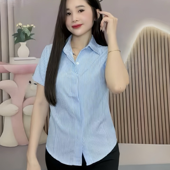 áo sơ mi nữ KẺ CỘC TAY .from áo vừa dễ mặc
