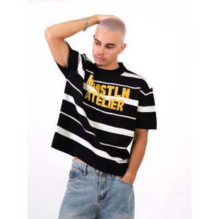 Áo thun len MMESTLINE "STRIPE" Knit Tee Form Boxy Phối Sọc Bo Cổ Dày Dặn
