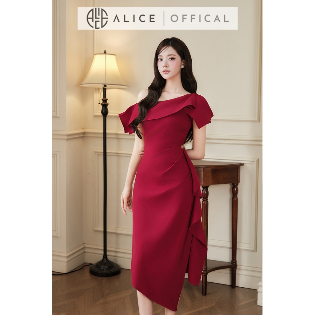 Váy Nữ Dự Tiệc Alice Cao Cấp, Đầm Thiết Kế Lệch Vai Dáng Ôm Body Phối Bèo Tầng Và Chiết Eo Tôn Dáng T540