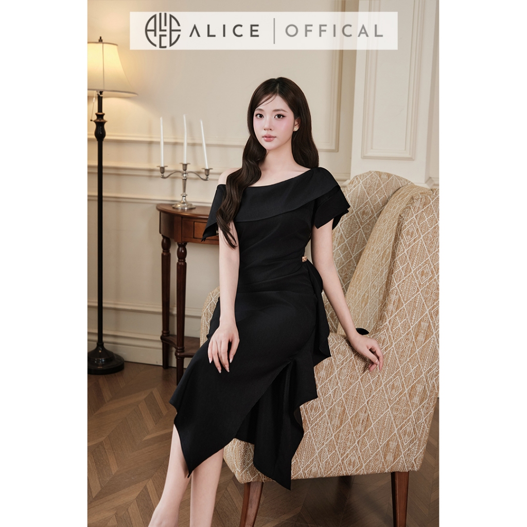 Váy Nữ Dự Tiệc Alice Cao Cấp, Đầm Thiết Kế Lệch Vai Dáng Ôm Body Phối Bèo Tầng Và Chiết Eo Tôn Dáng T540