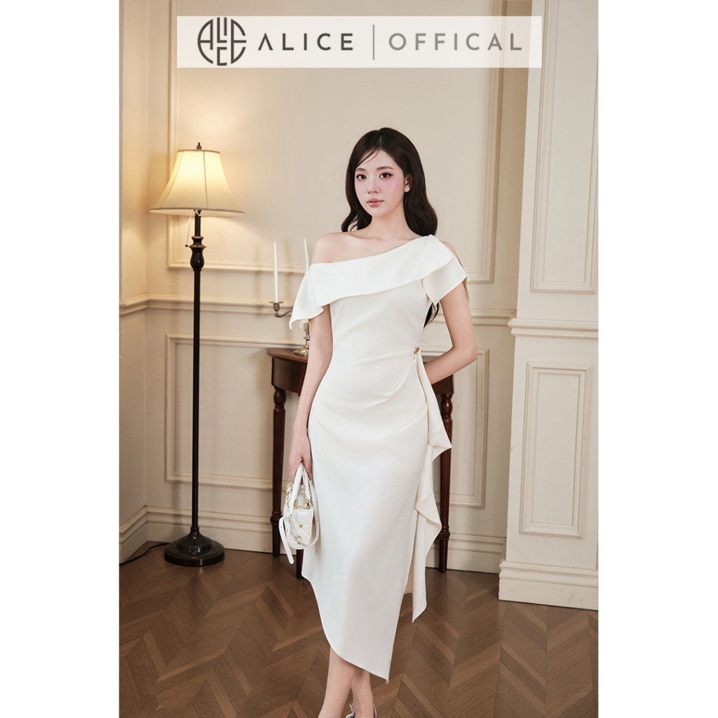 Váy Nữ Dự Tiệc Alice Cao Cấp, Đầm Thiết Kế Lệch Vai Dáng Ôm Body Phối Bèo Tầng Và Chiết Eo Tôn Dáng T540