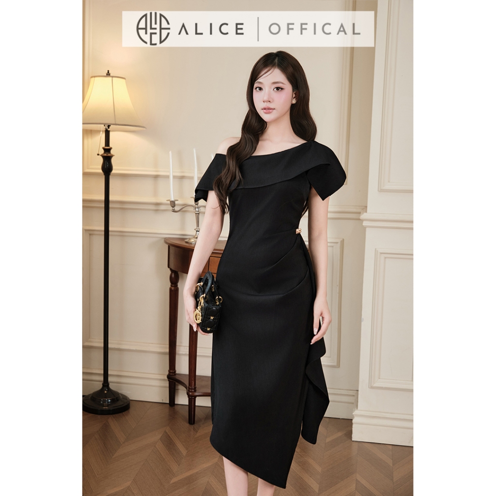 Váy Nữ Dự Tiệc Alice Cao Cấp, Đầm Thiết Kế Lệch Vai Dáng Ôm Body Phối Bèo Tầng Và Chiết Eo Tôn Dáng T540