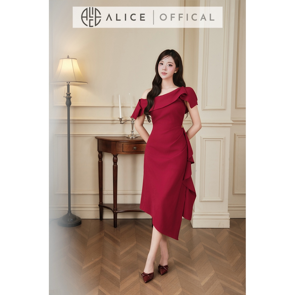 Váy Nữ Dự Tiệc Alice Cao Cấp, Đầm Thiết Kế Lệch Vai Dáng Ôm Body Phối Bèo Tầng Và Chiết Eo Tôn Dáng T540