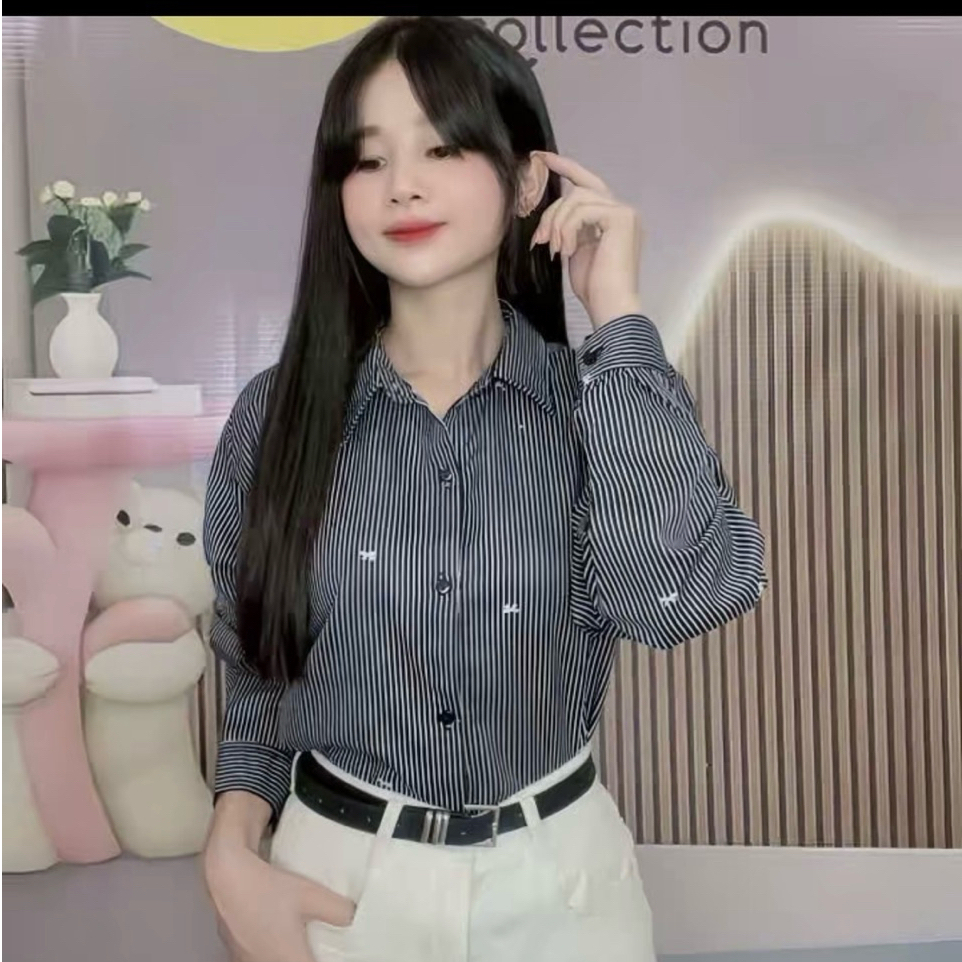 Áo sơ mi nữ KẺ IN NƠ NHỎ. from áo rộng bing sezi
