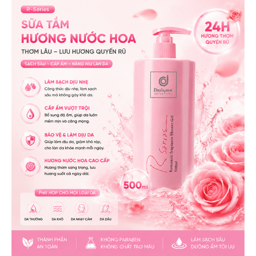 Sữa tắm làm sạch sâu mịn da thơm lâu dài bọt dày làm sáng da sữa tắm 500ml
