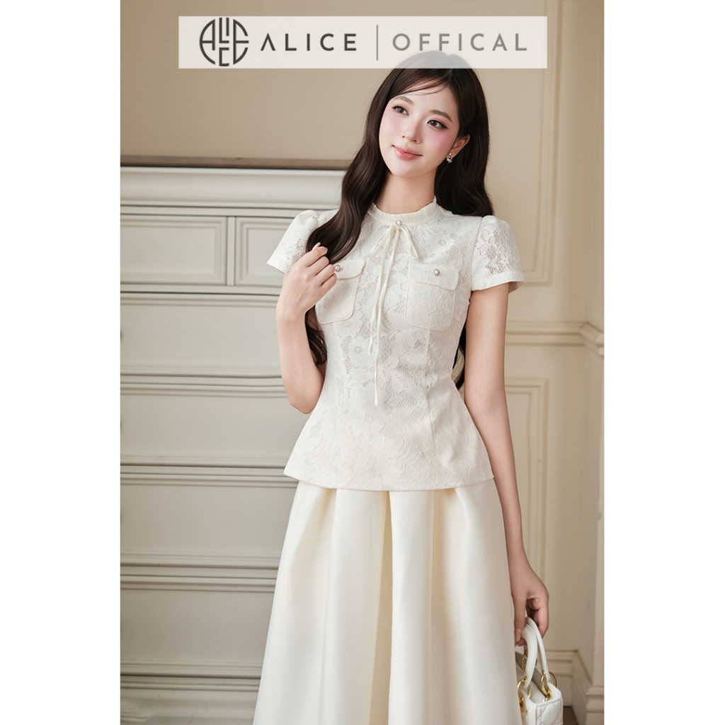 Set Bộ Nữ Sang Trọng Alice Áo Ren Ép Lưới Phối Tơ Kèm Chân Váy Tafta Dáng Xòe Cao Cấp T541