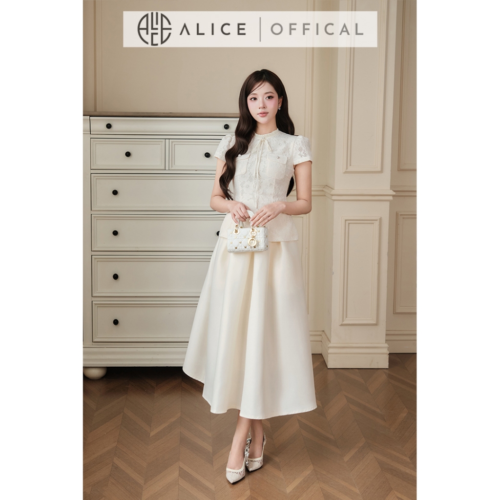 Set Bộ Nữ Sang Trọng Alice Áo Ren Ép Lưới Phối Tơ Kèm Chân Váy Tafta Dáng Xòe Cao Cấp T541