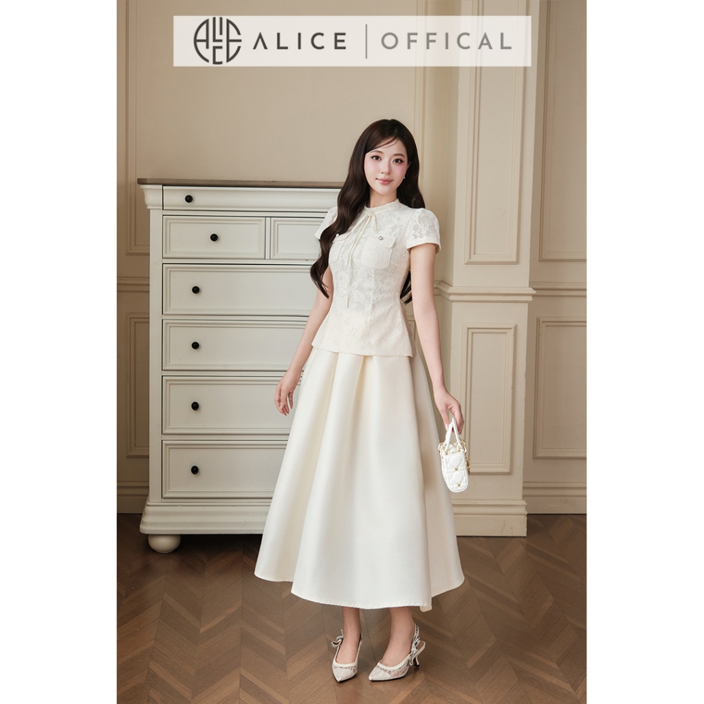 Set Bộ Nữ Sang Trọng Alice Áo Ren Ép Lưới Phối Tơ Kèm Chân Váy Tafta Dáng Xòe Cao Cấp T541